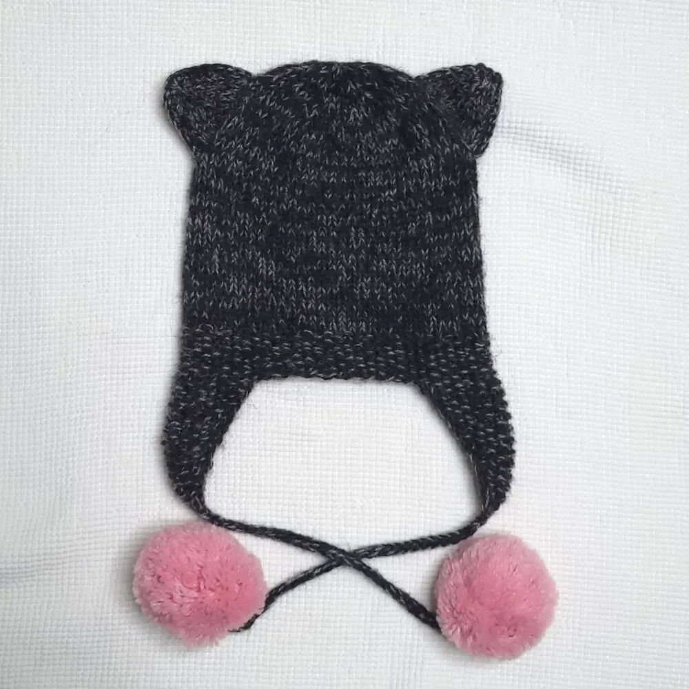 ANDES GIFTS Hand Knit Beanie Girls OS Gray Pink 17% Alpaca Artisan Pompoms